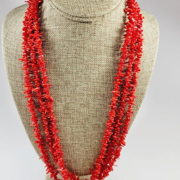 Red Coral 3 Strand Branched Necklace and Free Gift - Picture 4 of 5